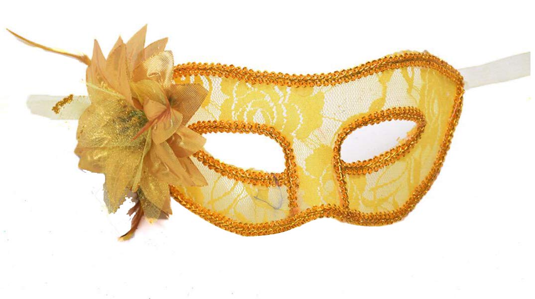 AZYOUNG Men's Black Blue Gold Translucent Masquerade Half Face Mask with Side Feather Flower