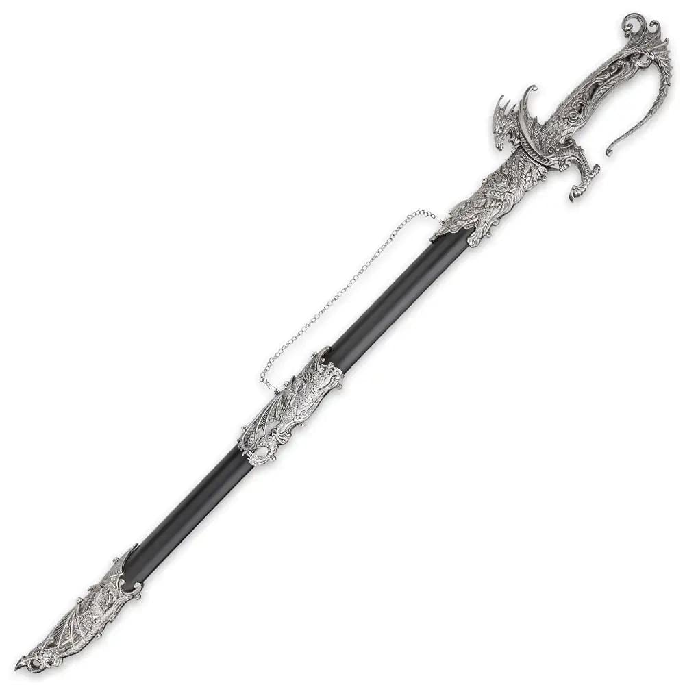 Dreadfire Dragon Decorative Sword and Metal Accented Scabbard with Hanger - Stainless Steel Blade, Satin Finish, Intricate Dragon Shaped Metal Alloy Handle, Great for Display - 35 1/4” Length