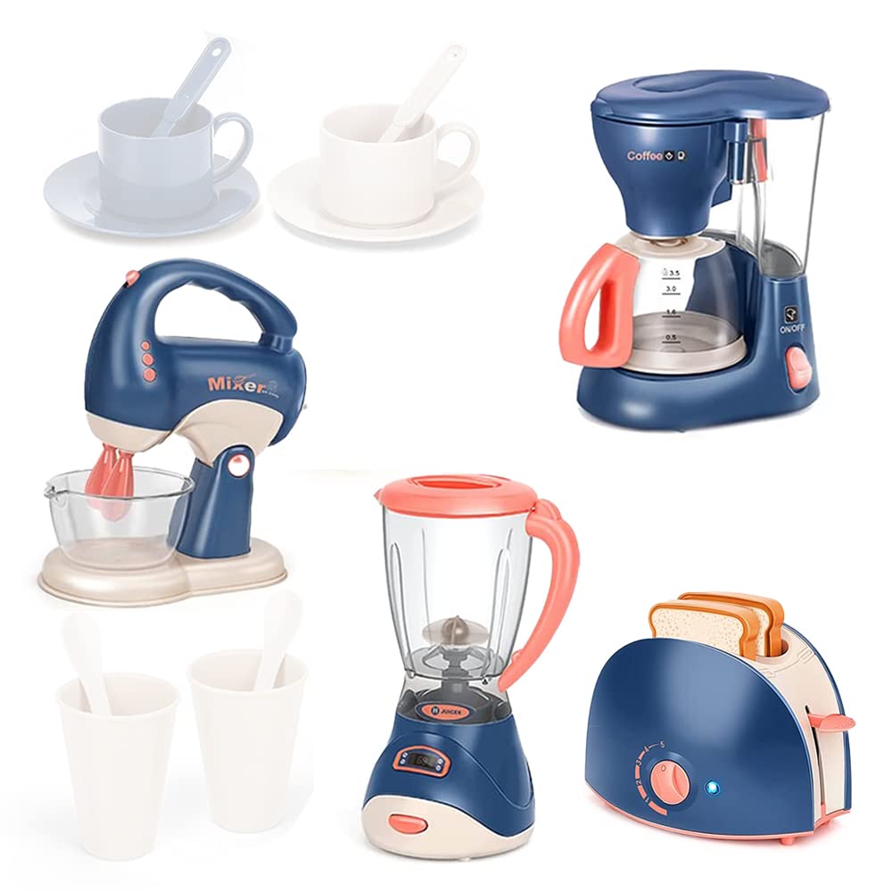 Masroo Kitchen Appliances Toy,Kids Kitchen Pretend Play Set with Coffee Maker Machine,Blender, Mixer and Toaster with Realistic Light and Sounds, Play Kitchen Set for Kids Ages 4-8