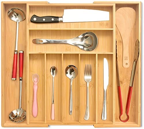 Signature Living Bamboo Expandable Utensil Drawer Organizer, Premium Bamboo for Cutlery, Flatware, Silverware - Drawer Dividers for Easy Storage (7-9 Slots)