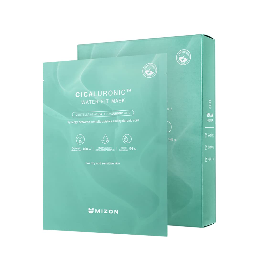 MIZON Cicaluronic Line, Cicaluronic Water Fit Mask, Vegan Formula, Cica + Hyaluronic Acid, Soothing, Moisturizing, Sensitive Skin, Dry Skin (10 masks)