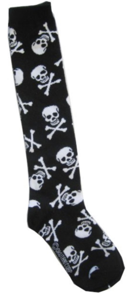 Skull and Crossbones Knee High Socks Women Skater White Black