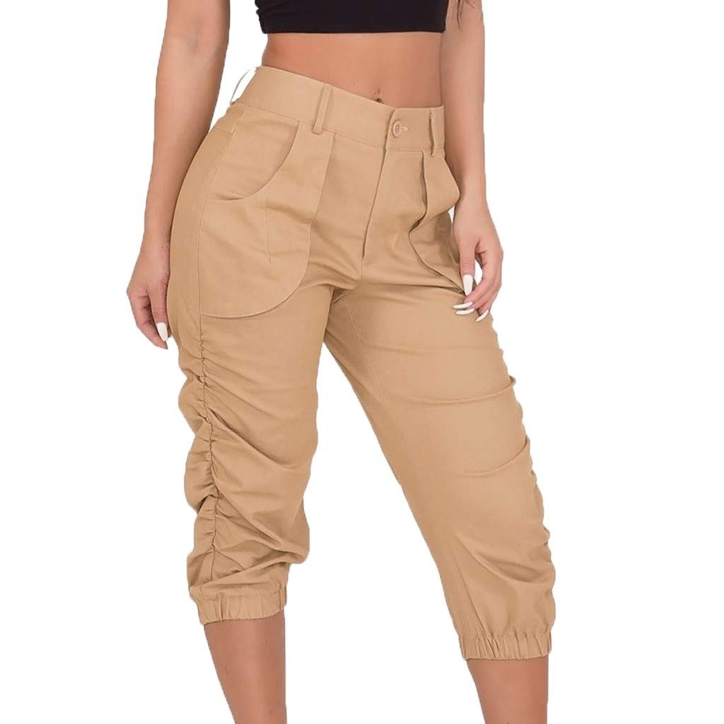 JOFOW Capri Pants Womens Loose Solid Midi Cargo Trousers