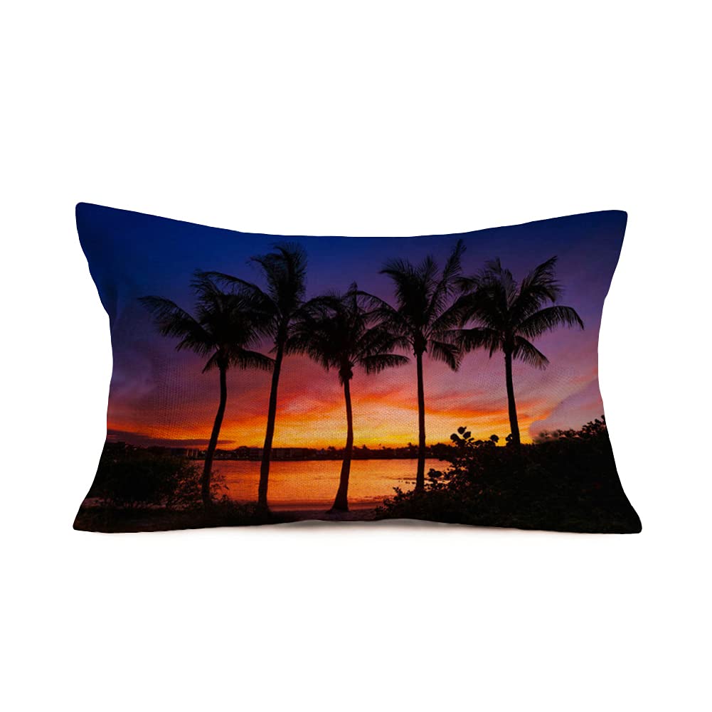 Qinqingo Throw Pillow Cover Summer Sunset 12x20 Inch Palm Trees California Paradise Beach Decor Cotton Linen Pillow Case for Bedroom Livingroom Sofa Farm House Cushion Cover