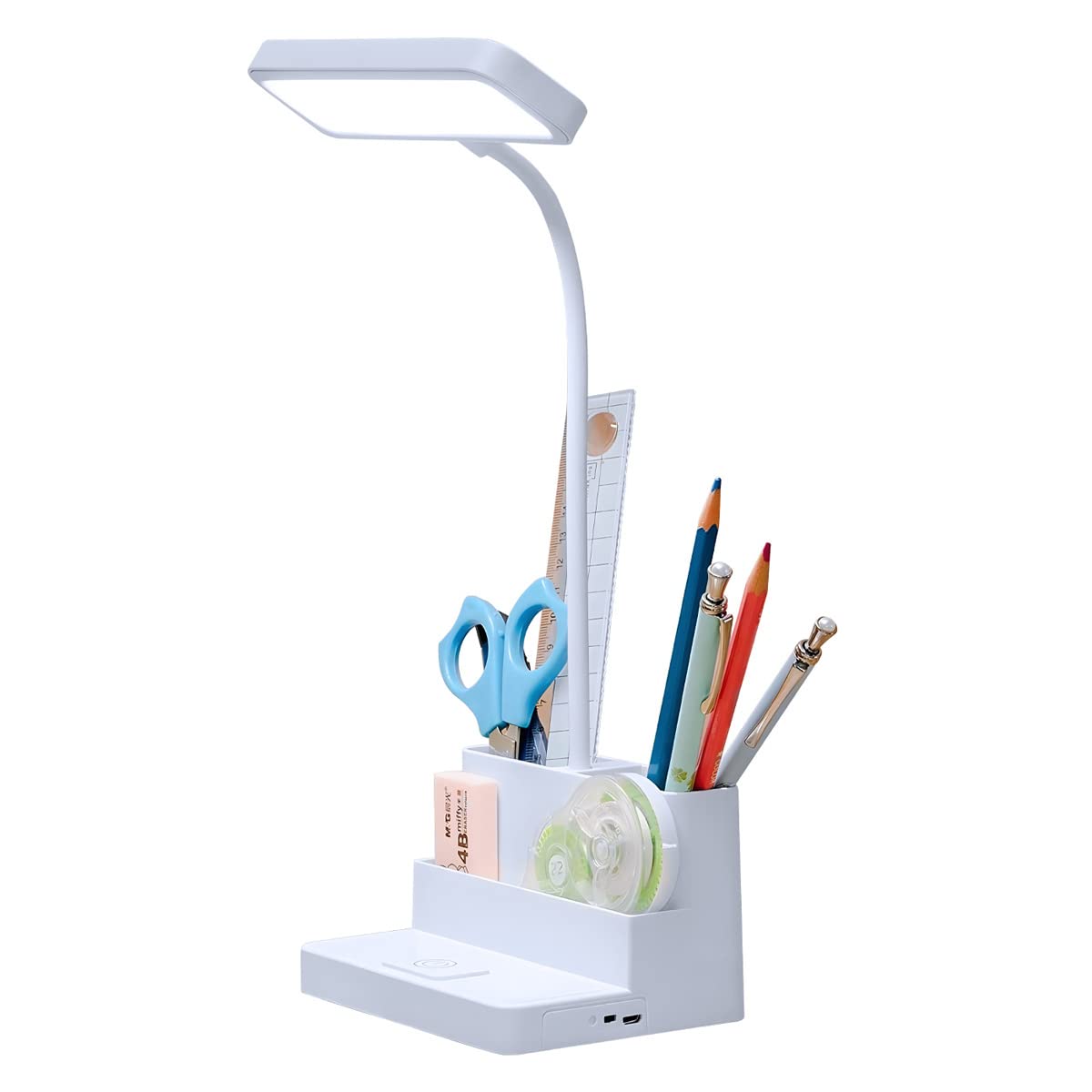 LED Desk Lamp with Phone Holder, RILLATEK Rechargeable Desk Light with Flexible Gooseneck, 3 Color Modes, Stepless Dimming, Eye Caring, Small Study Lamp for Office, Dorm, Bedroom