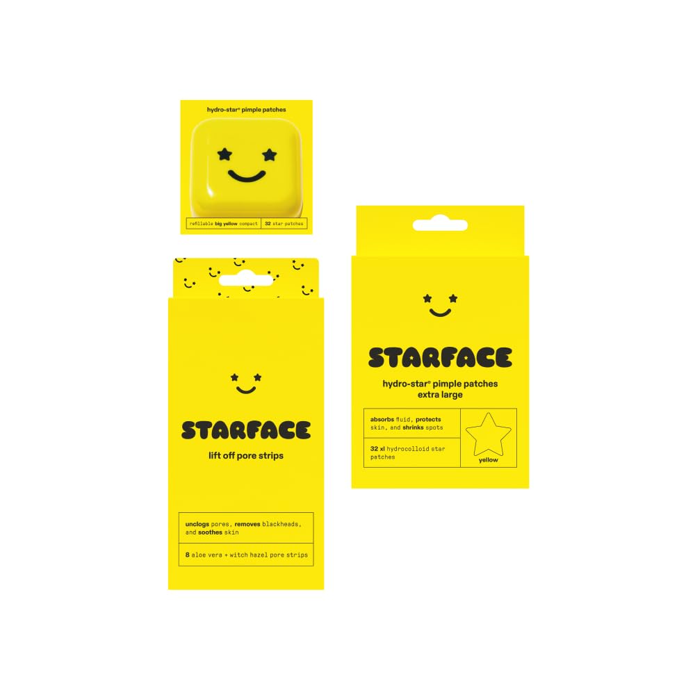 Starface Hydro-Star Hydrocolloid Pimple Patches (32 ct) with Big Yellow Compact, XL Big Star Large Hydrocolloid Pimple Patches (32 ct), and Lift Off Pore Strips for Blackheads and Clogged Pores (8 ct)