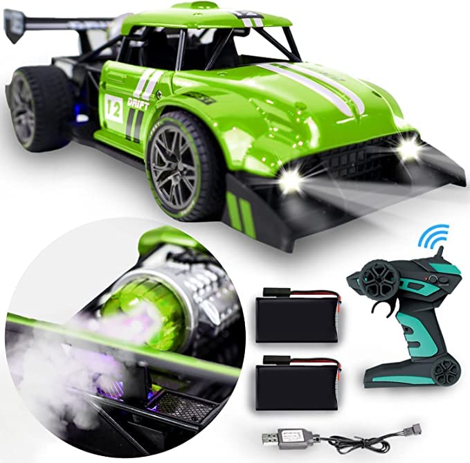 Kidwala Remote Control Turbo Smoke & Water Spray Car with Cool LED Lighting, Metal Speed Green & Black Race Car 360 Degree spin with drift motion for Boys