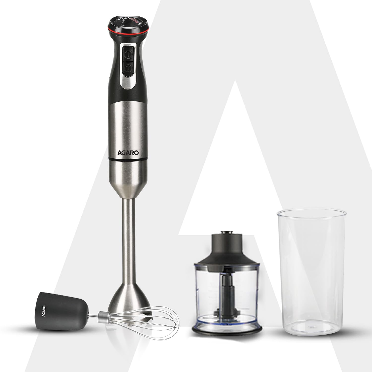 AGARO Grand 1000 Watts Hand Blender With Chopper, Jar & Whisker, 2 Variable Speed Modes & Speed Regulator, Stainless Steel Blades(Black), 400mmx60mm (33635)