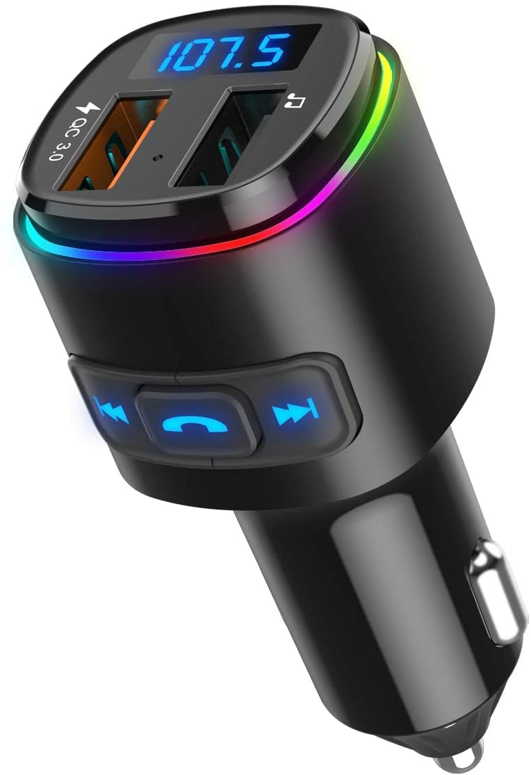 Bluetooth FM Transmitter for Car, QC3.0 Charge & 7 RGB Color LED Backlit Wireless FM Radio Car Adapter, Support Siri Google Assistant, U Disk, SD Card, Hands-Free Calls Kit (Black Car Adaptor)