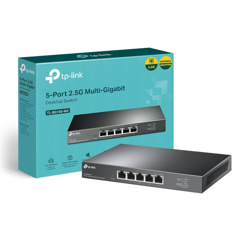 TP-LinkUnmanaged 5-Port 2.5G Multi-Gigabit Desktop Switch, 802.3X Flow Control, 802.1p/DSCP QoS, Ideal for Small and Home Office with fanless design, Metal Casing, Plug and Play (TL-SG105-M2)