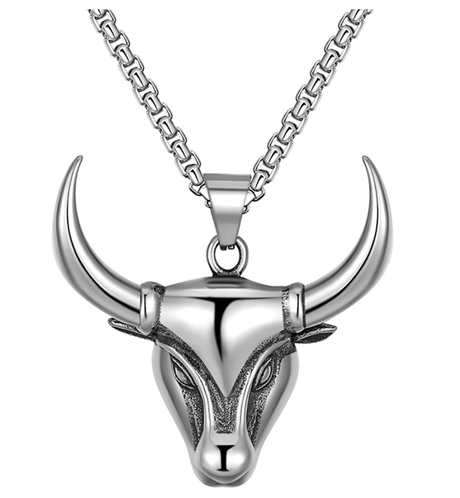 AZYOUNGMen’s 316L Stainless Steel High Polished Bull Head Pendant Silver Bamboo Chain Necklace,23.6’’+1.89’’