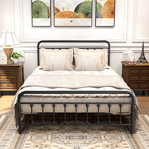 queen size storage bed - DUMEE Metal Queen Bed Frame with Headboard and Footboard Farmhouse Platform Bed Frame Queen Size Under Bed Storage No Box Spring Needed, Textured Black