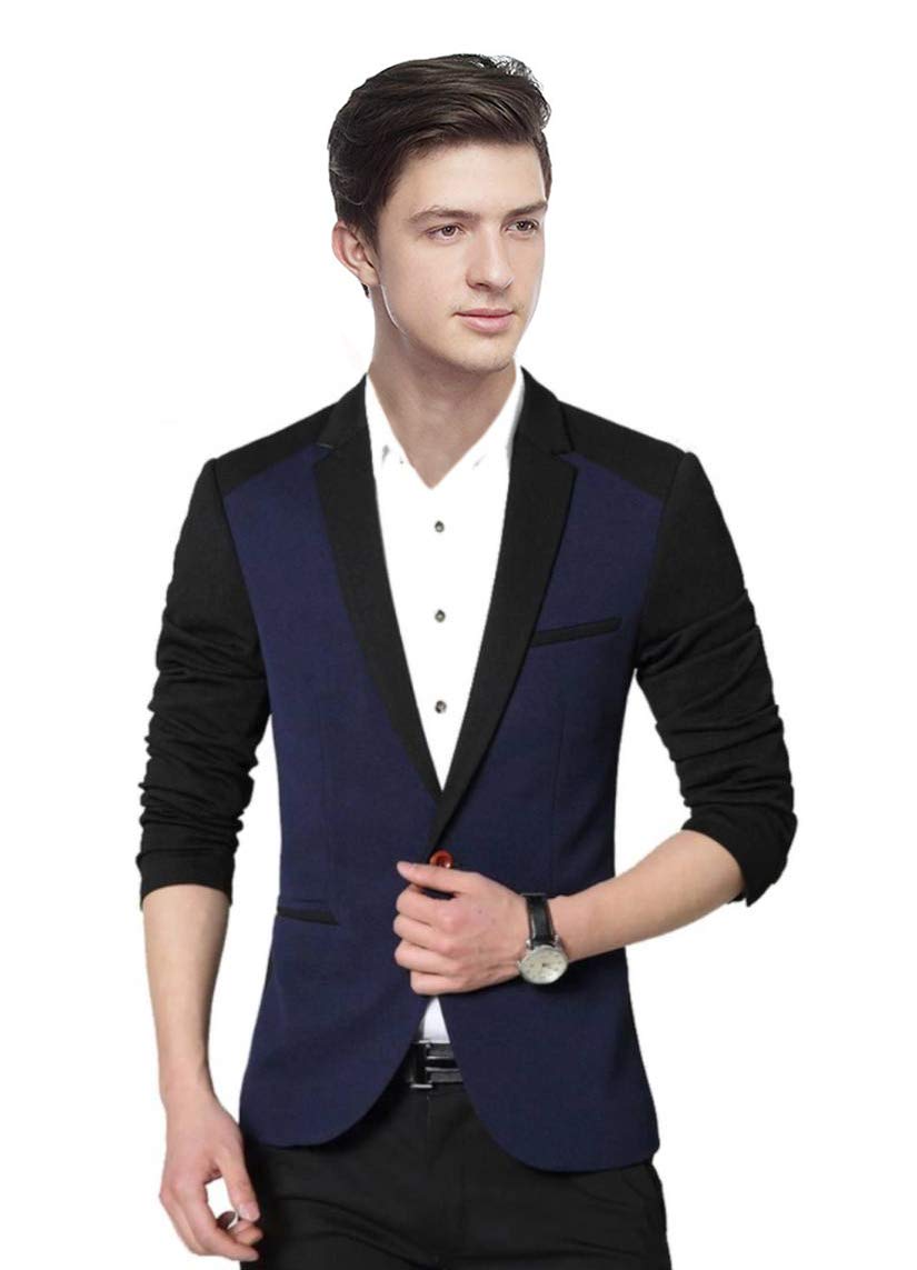 Men's Cotton Slim Fit Blazer (Blue and Black, 44)