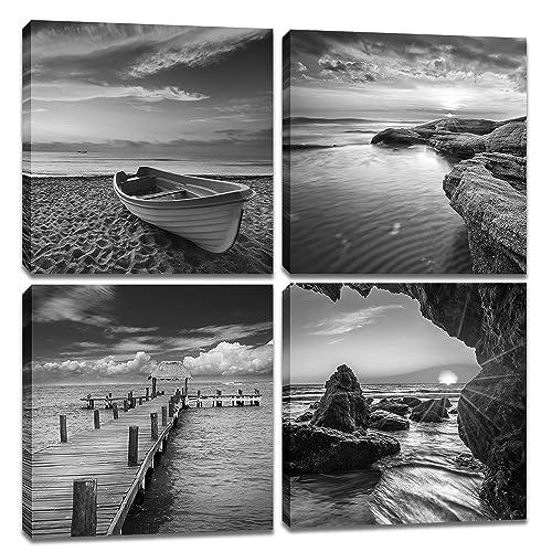 Black And White Beach Wall Decor - 4 Panels Canvas Wall Art Sea and Ocean In Sunrise Prints Wooden Framed Pictures Seascape Modern Artwork Framed Painting for Home Office (16x16IN(40X40CM)Framed)