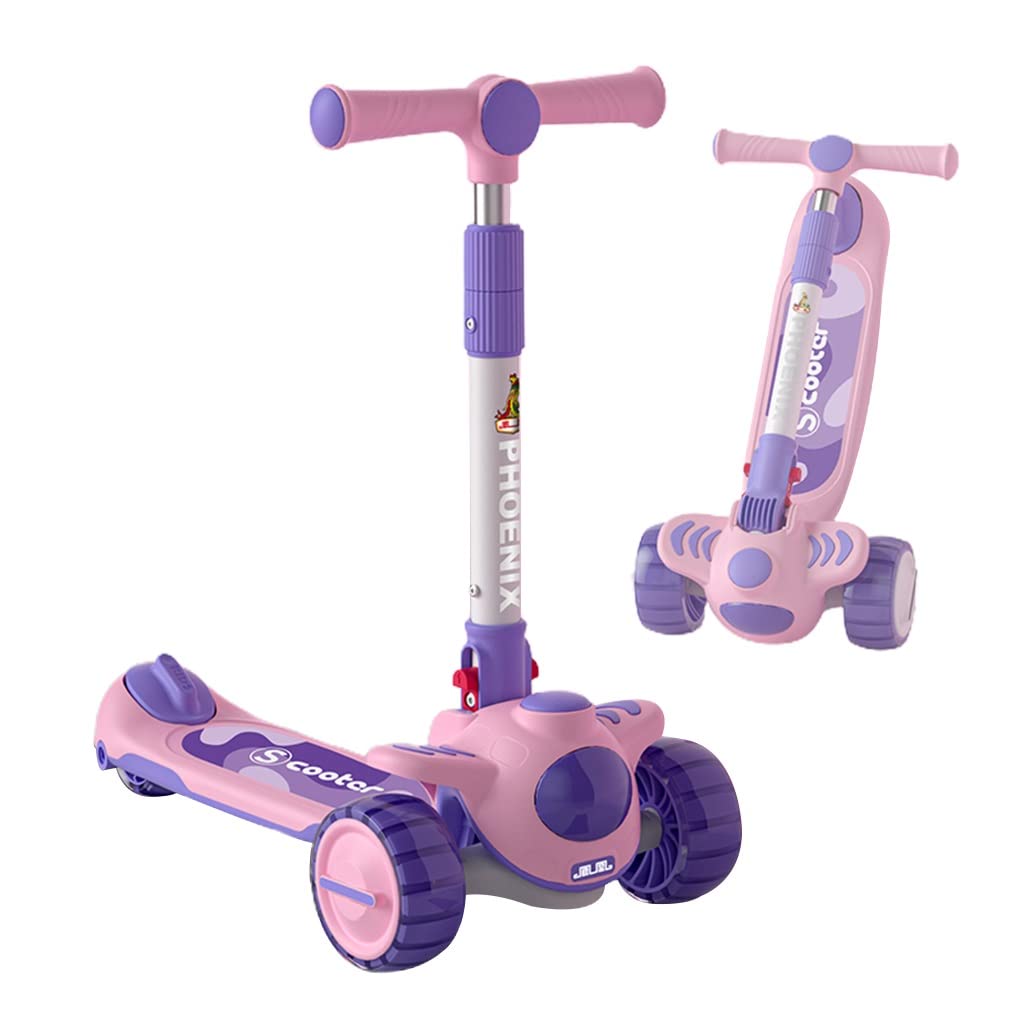 Kids Kick Scooter, Adjustable Height Handlebars, 3 LED Lighted Wheels, for Boys & Girls Aged 3-12 and up to 100 Lbs,Summer Toys,Gift (Color : Pink, Size : 26 * 58 * 62-77cm)