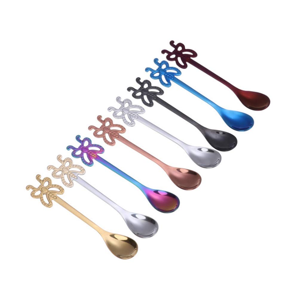 HMQCI Stainless Steel Coffee Spoon Creative Butterfly Handle Spoon Fruit Fork Dessert Spoon 16 Pcs (Color : 8-Colour, Size : 16 Pcs)