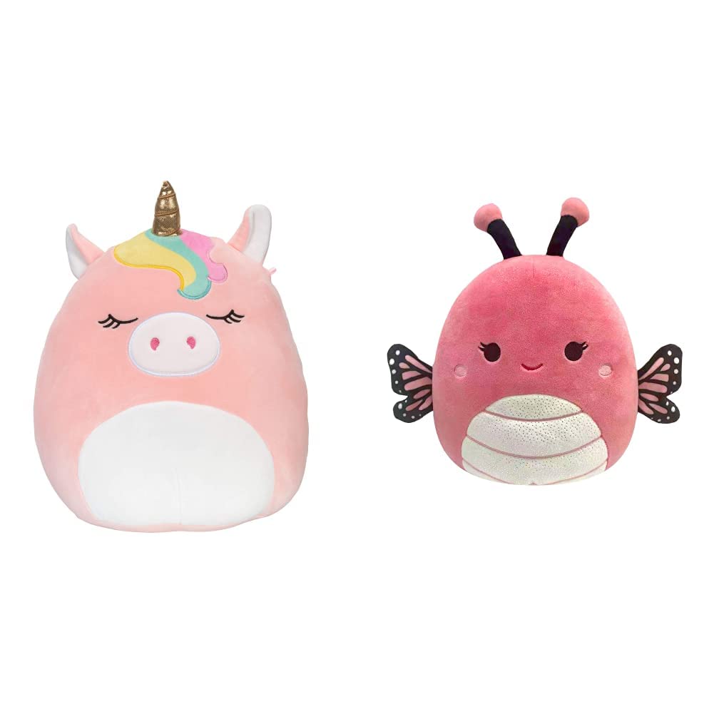 Squishmallows Official Kellytoy Plush 12" Ilene The Pink Unicorn- Ultrasoft Stuffed Animal Plush Toy & 14-Inch Pink Monarch Butterfly with White Sparkle Belly Plush - Add Andreina to Your Squad