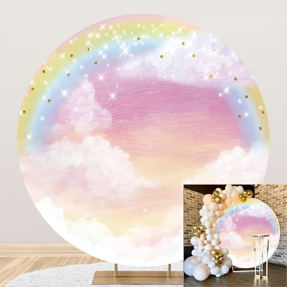 DORCEV Dreamy Rainbow Round Backdrop Cover 7x7ft Polyester Cartoon Fairy World Fantasy Pink Sky White Clouds Background White Glitter Dots Kids Adults Birthday Party Baby Shower Portrait Props