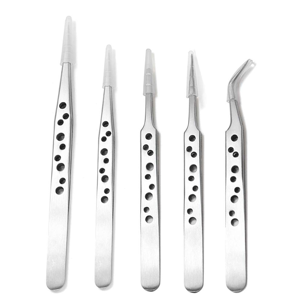 Bestgle5pcs 9-Hole Anti-Static Tweezer, Professional Stainless Steel Precision Tweezers Set Non-Magnetic Curved and Straight Pointed Tips Kit