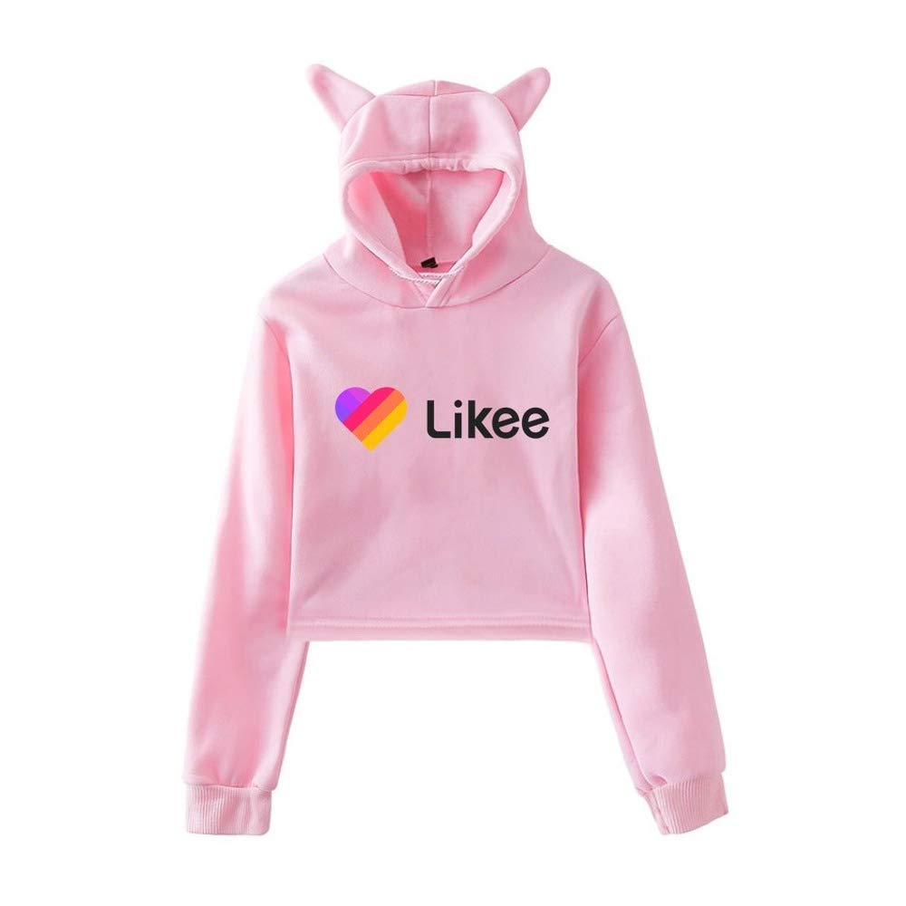 WAWNICat Ear Pink Likee App LIKEE Hoodies Women Cat Crop Top Hoodie Female Rainbow Sweatshirt Trendy Streetwear Hip Hop (Pink3,XL)