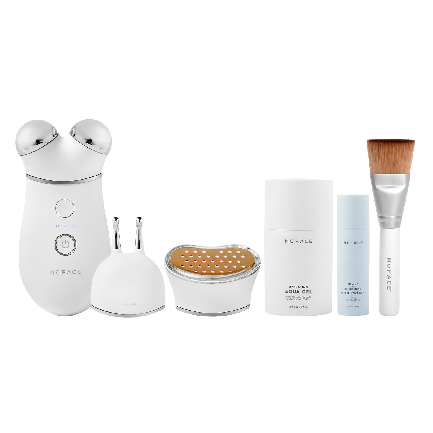 NuFACETRINITY+ Microcurrent Facial Device, Wrinkle Reducer + Effective Lip & Eye Attachment - FDA Cleared Face Toning Device for Targeted Treatment + Microcurrent Gel Activator, Silk Crème & Brush