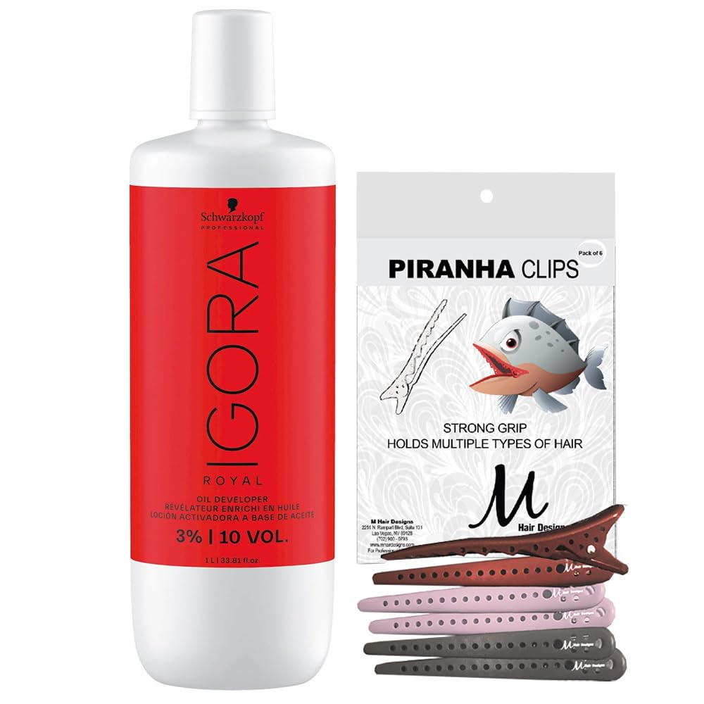 Igora Royal 3% 10 Volume Developer 33.8 oz and M Hair Designs Piranha Clips (Bundle 2 Items)