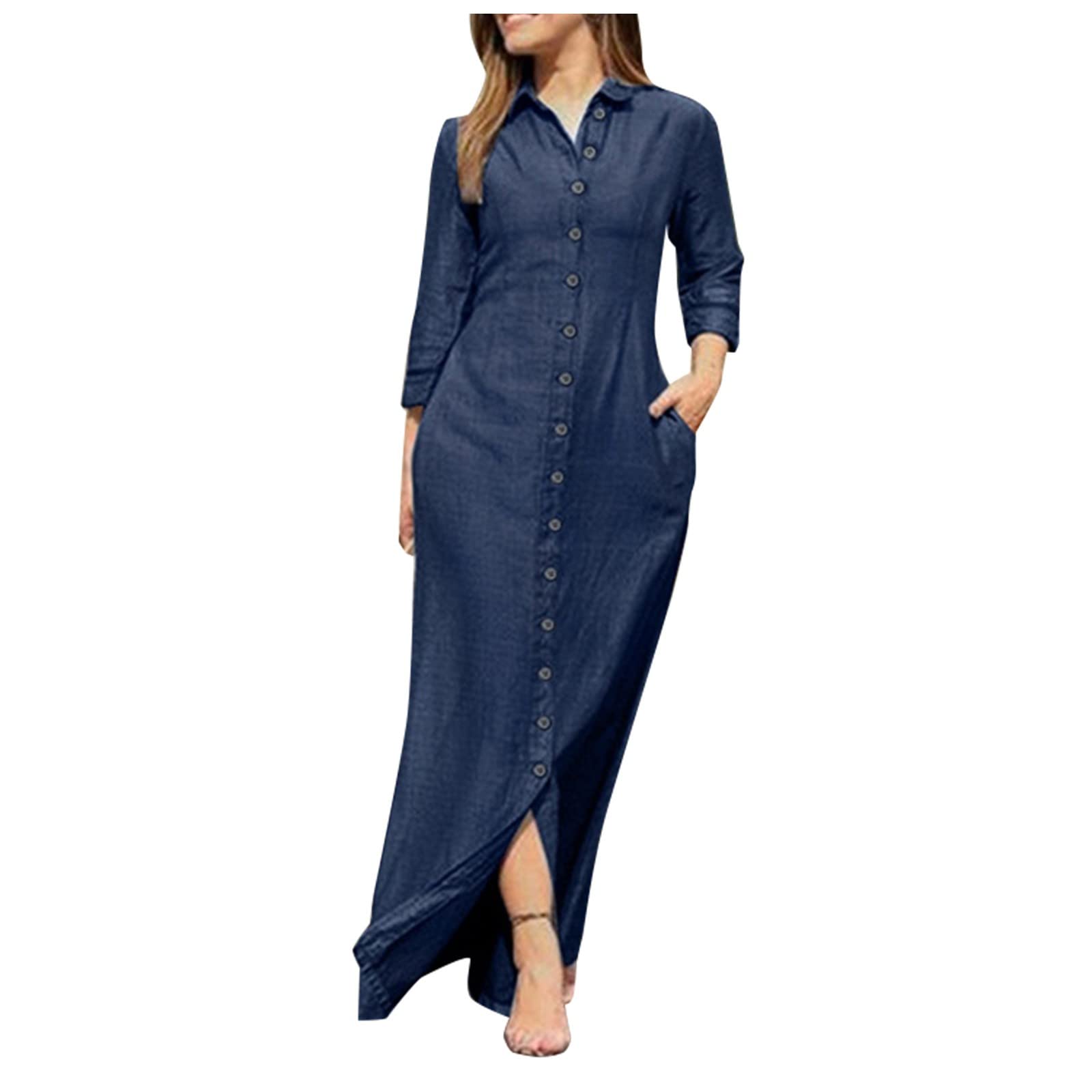 Women's Dresses 2023 Lapel Single-Breasted Panel Straight Long Sleeve Loose Pocket Cotton Shirt Dress Summer, L-5XL