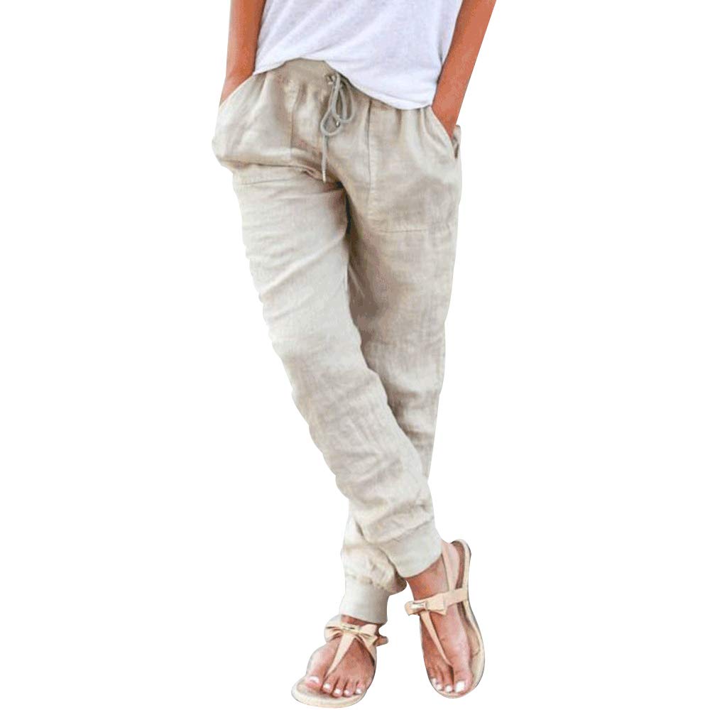 PuimentiuaWomens Tapered Pants Cotton Linen Drawstring Back Elastic Waist Pants Casual Trousers with Pockets