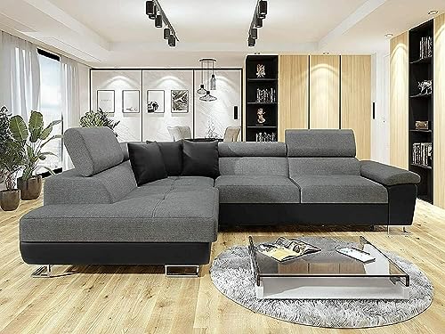 Black & Grey Double Fabric Corner Sofa Bed For Living Rooms-Cheap Large L shape sofas and couches with adjustable headrests-3028 (LEFT HAND SIDE)