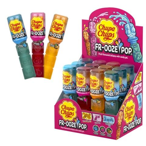 Chupa Chups Frooze Pops 12 Lollipops with Candy Gel for Squeezing Out in 3 Varieties Blueberry, Strawberry & Tropical,(12 x 26g), 312g Imported