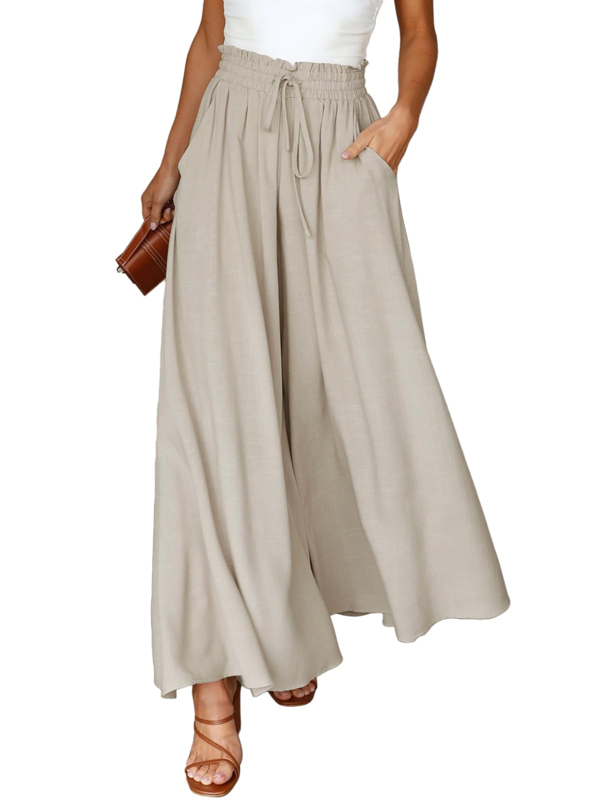 DokotooWomens Wide Leg Trousers Loose Fit Casual Flowy Women's Trouser Elastic Drawstring High Waist Summer Ladies Palazzo Pants with Pockets S-XXL