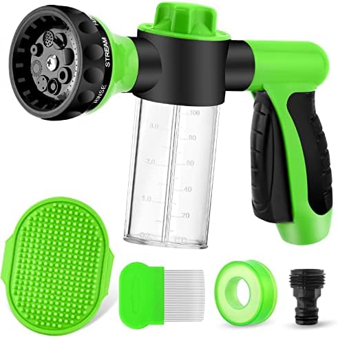 Dog Wash Sprayer Outdoor, 8-in-1 Dog Sprayer Hose Attachment with Dog Shower Brush and Pet Grooming Comb, 3/4 Inch Standard Garden Hose Nozzle for Watering Flowers, Car Washing, Pet Bathing(Green)