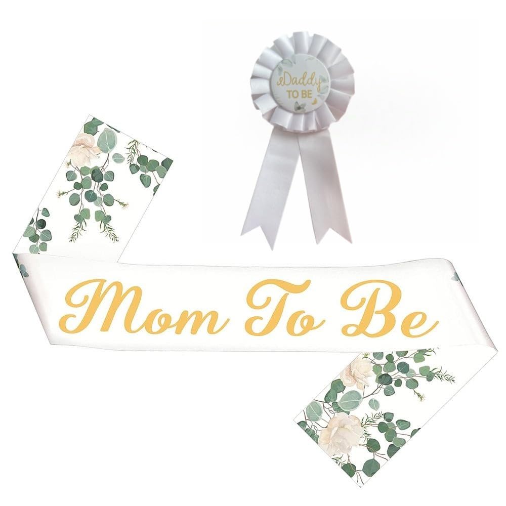 Greenery Mom to Be Sash & Daddy to Be Badge Pins for Baby Shower Gender Reveal Party Decorations Pregnant Mommy Gift