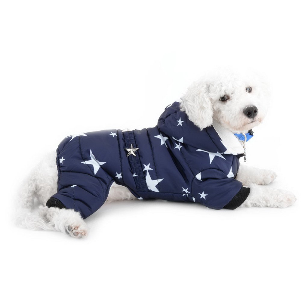 SELMAI Snowsuit for Small Dogs Fleece Lined Star Belt Hooded Jumpsuit Four-legs Pants Winter Coats Puppy Doggie Chihuahua Apparel Clothes Outfits Blue L