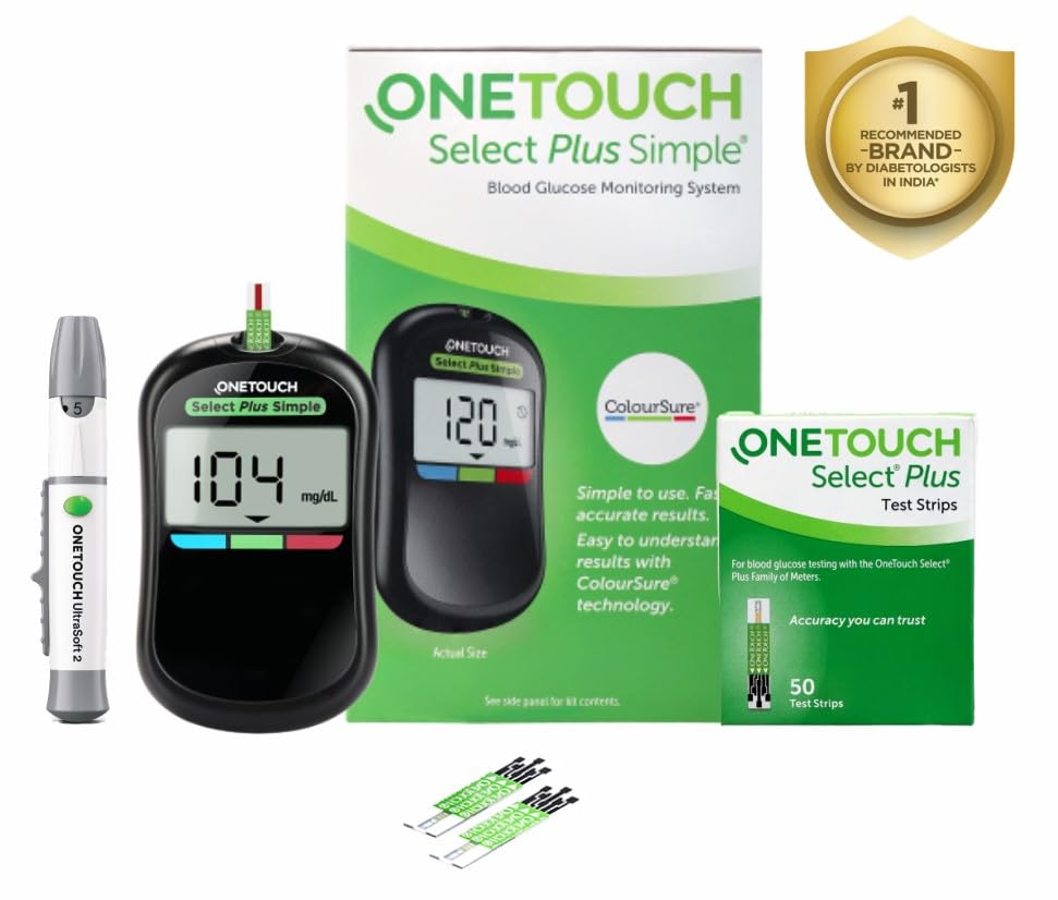 OneTouch Select Plus Simple glucometer machine with 50 Test Strips | Simple & accurate testing of Blood sugar levels at home | Global Iconic Brand | Includes 10 Sterile Lancets + 1 Lancing device