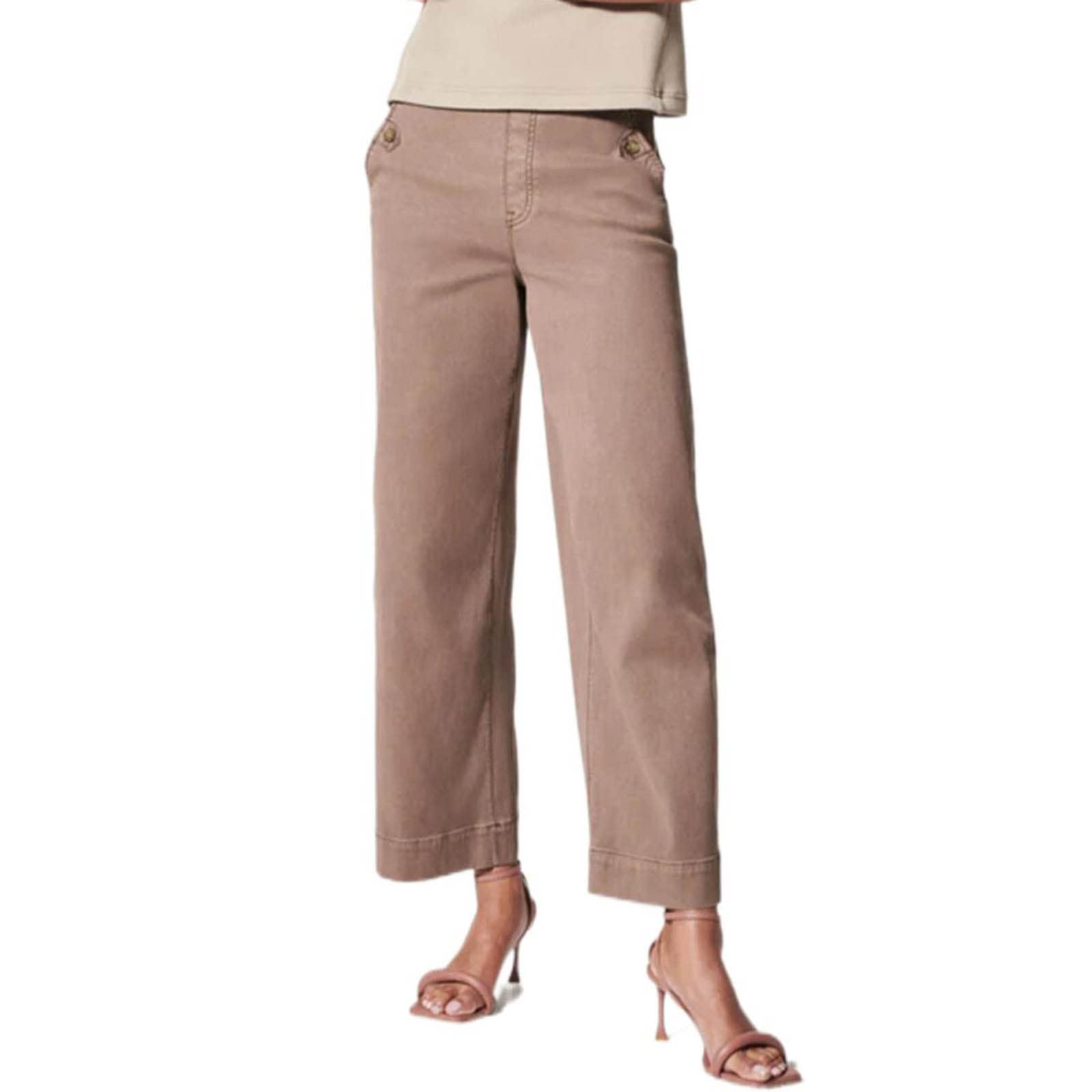 Women High Waist Casual Wide Leg Long Linen Palazzo Pants Trousers Stretch Twill Cropped Pants with Pocket Brown