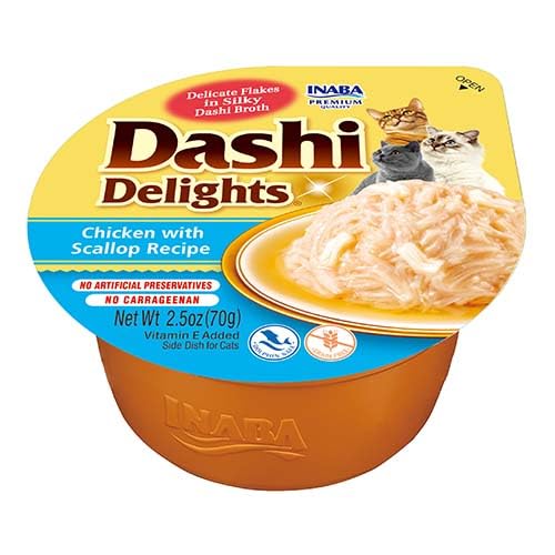 INABA Dashi Delights: Chicken with Scallop Recipe (6 x 70g) / Bits in Broth Cat Food Topping, Rich in Protein, Natural Ingredients, Delicious and Healthy