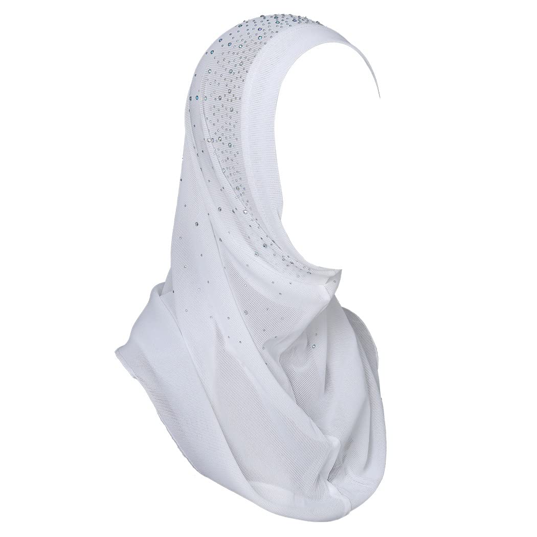 WoeoeWomen Rhinestone Muslim Head Wrap Plain Color Pre-Tied Muslim Hijab Cap Lightweight One Piece Breathable Head Scarf White, White, One size