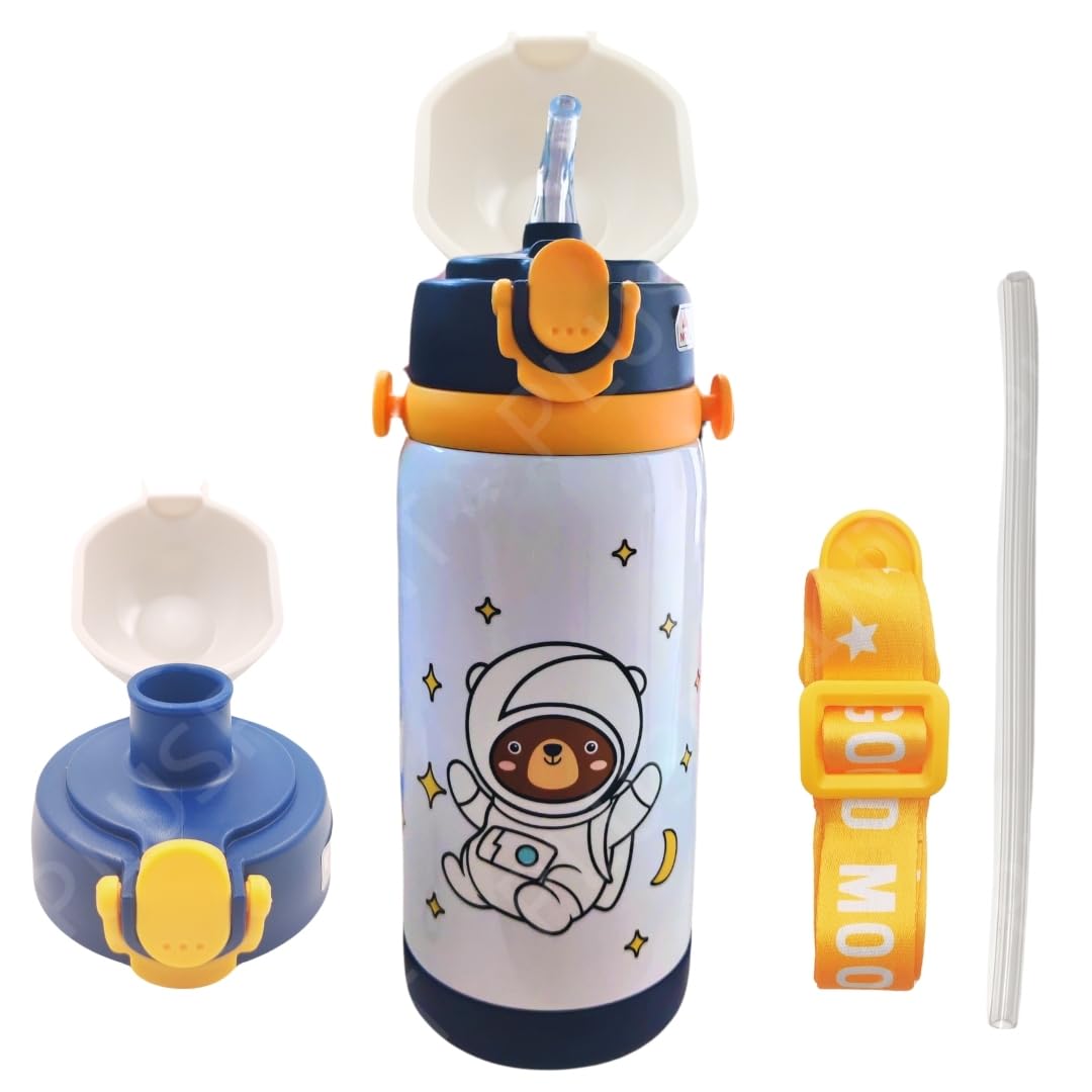 PLUSPOINT Stainless Steel Water Bottle for Kids Space Hot & Cold Vacuum Insulated Double Walled Thermos Flask with Carry Strip to Hang and 2 Caps Bottle with Straw & Wide Mouth Cap 450ML (White)