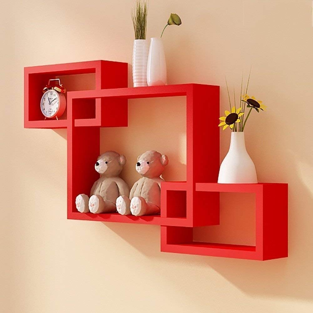 Maaz Art & Craft Wooden Wall Rack Wall Shelf Home Decor Living Room for Bedroom/Bathroom for Office/Kitchen & Books Wall Hanging Shelves Interlock Set of 3 (Red)