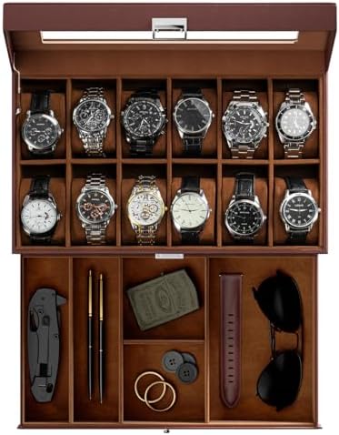 ProCase Watch Box for Men, 12 Slot Mens Watch Case With Drawer, Watch Display Case With Glass Lid, 2-Layer Watch Holder Organizer, Jewelry and Watch Storage for Men Women -12Slot, Espresso