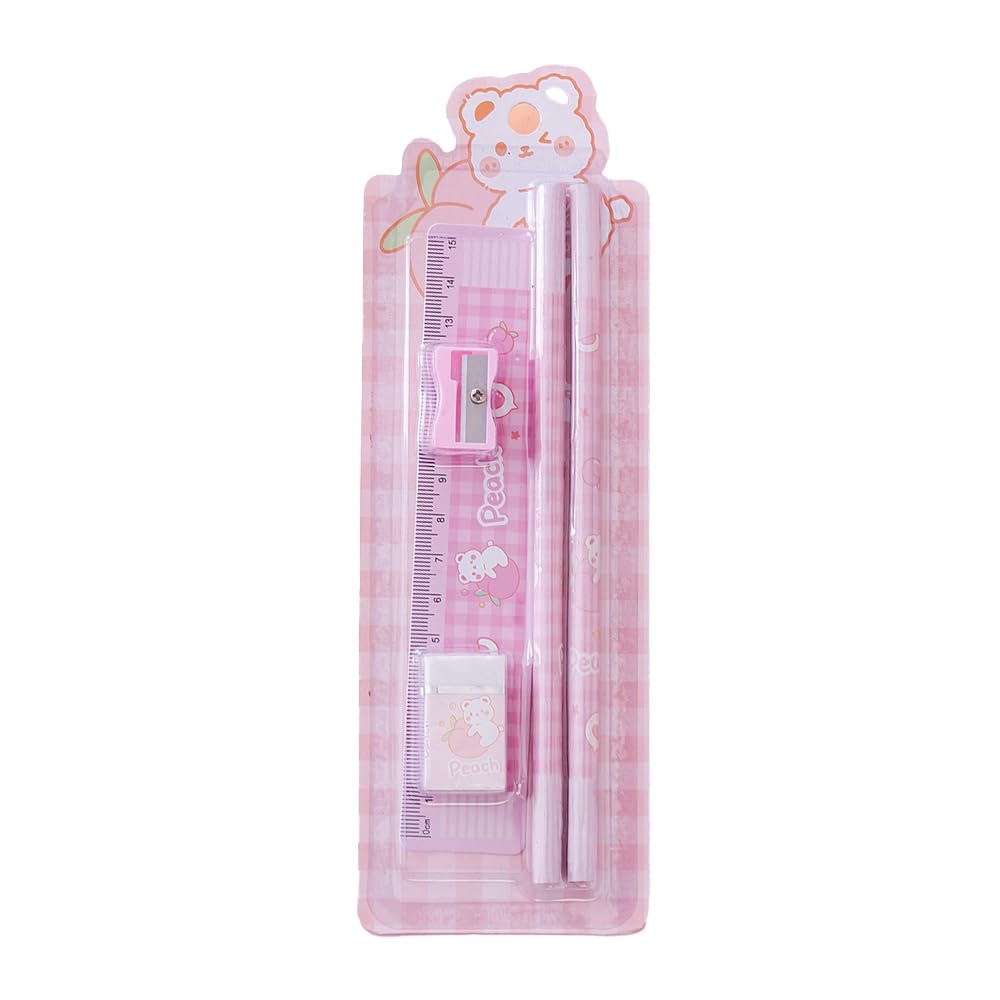 Star Babies Stationery Set - Pack of 5 Includes: 2 Pencils + 1 Ruler + 1 Eraser + 1 Sharpener-Pink