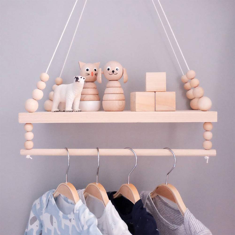 LTSWEET Handcrafted Shelf Kids Room Hanging Bead Shelf Nordic Style Nursery Decoration Wall Shelves Girls Clothes Storage Hanging Rack,Wood