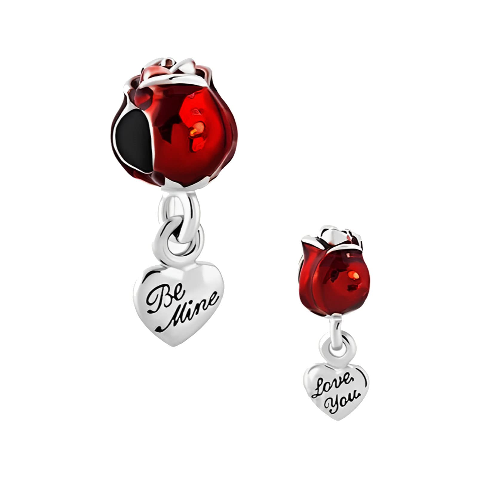 KunBeadWine Glass Red Rose Flower Love You Be Mine Heart Dangle Charms Compatible with Pandora Bracelets Necklaces Birthday Jewelry Gifts for Women