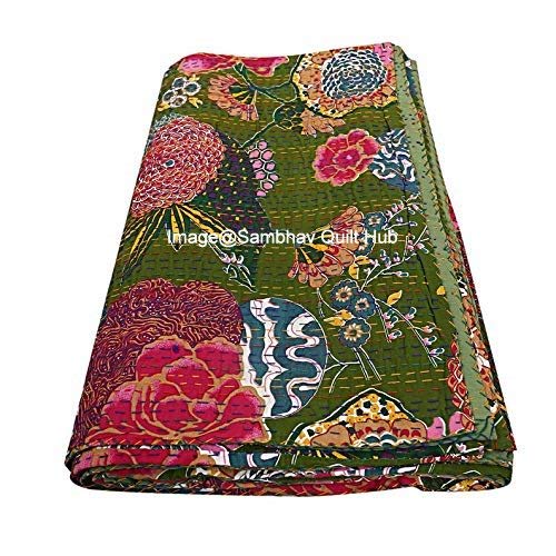 Queen/Twin/King Handmade Green Fruit Reversible Kantha Quilt Bohemian Bedding Kantha Throw Kantha Blanket Tropicana Fruit King Kantha Bed Cover Stitch Floral Quilt (60X90 inch)