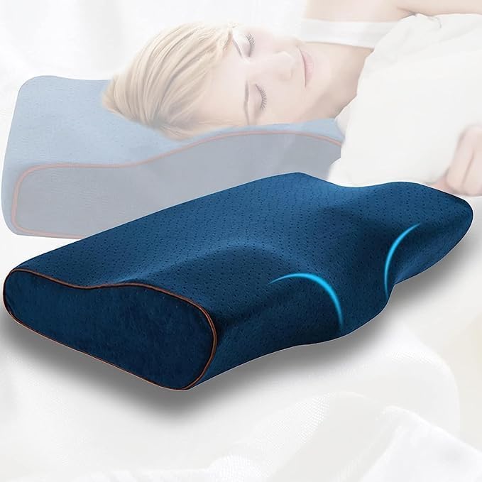 Cervical Contour Memory Foam Pillow for Sleeping,Orthopedic Pillow for Neck Pain, Support for Back,Stomach,Side Sleepers, with Breathable Zip Cover (19X12X4INCH) (Navy Blue)