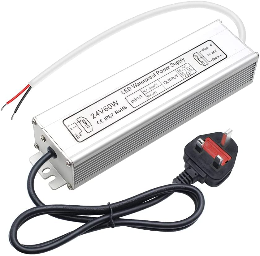 inShareplusLED Power Supply, 24V 60W IP67 Waterproof Outdoor Driver, AC 110-260V to DC 24V 2.5A Low Voltage Transformer, Adapter with 3-Prong Plug for LED Light, Computer Project, Outdoor Use