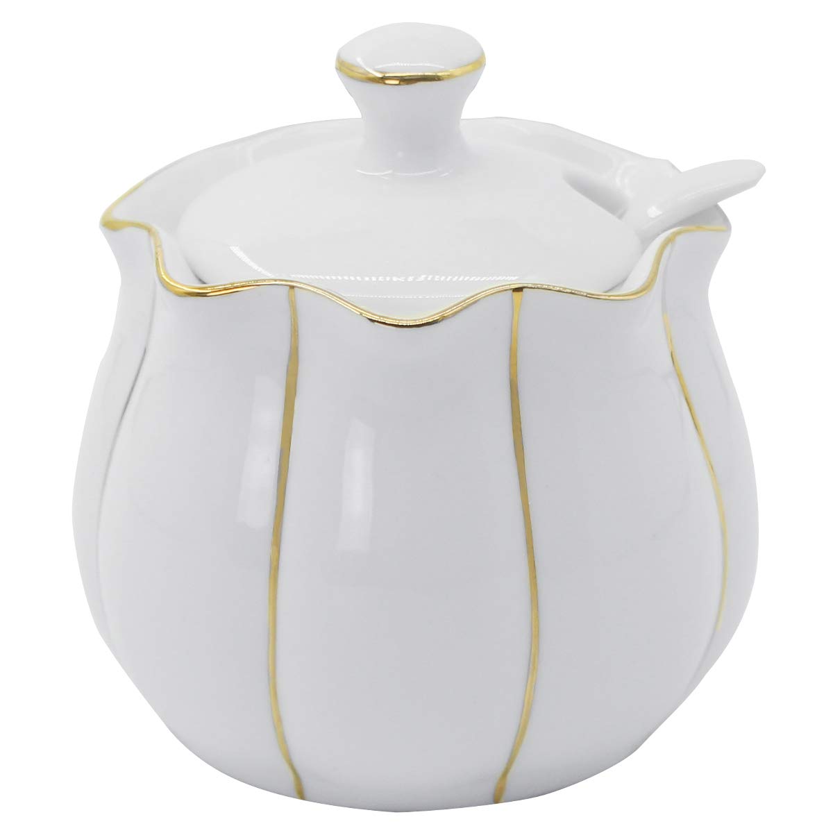 KitchenexusPorcelain Sugar Bowl with Lid and Spoon 9.17oz/260ml Ceramic Sugar Bowl Sugar Container for Home Kitchen in Golden Edge Pumpkin Design