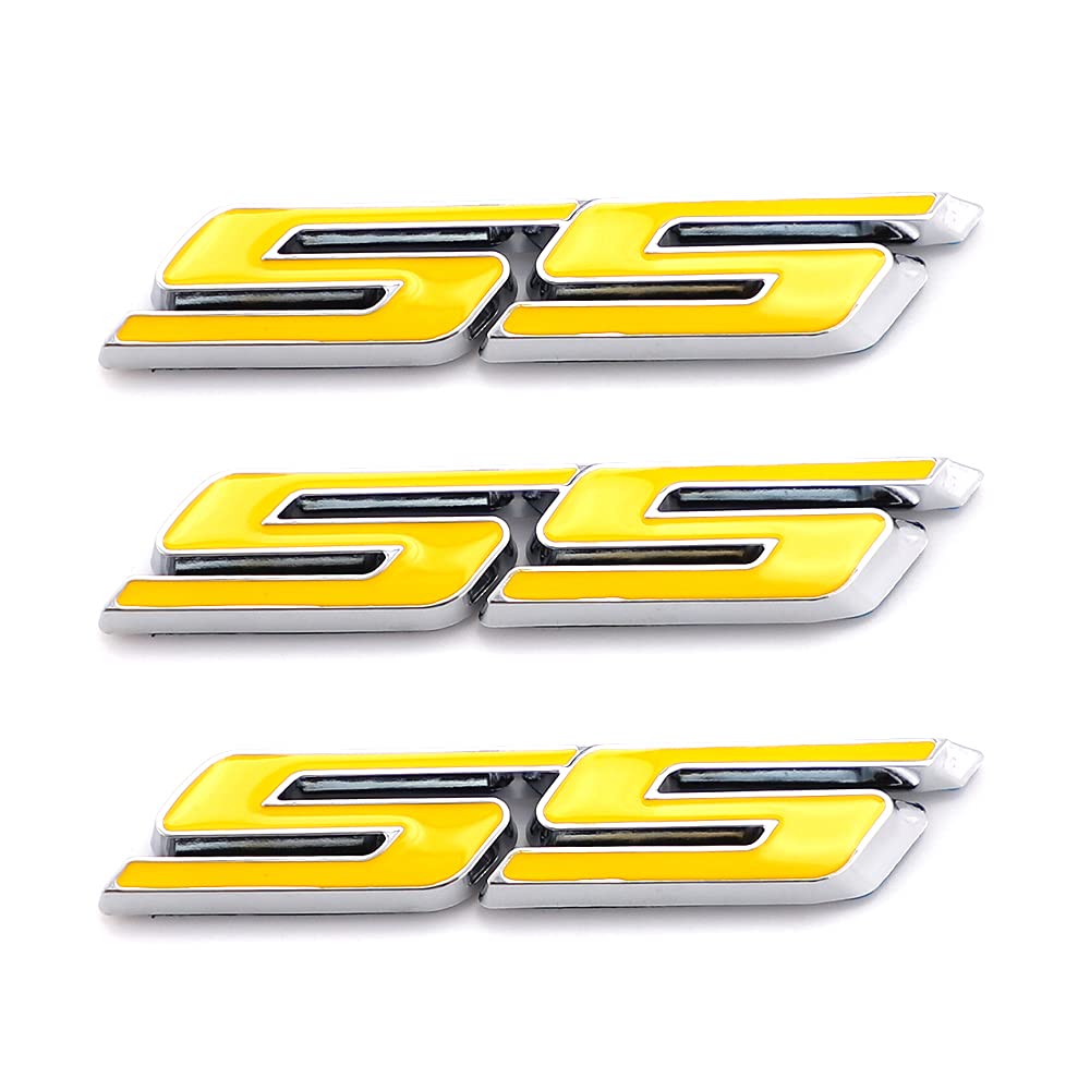 CARRUN 3pcs small Tilt SS Emblems Auto Trunk Door Fender Bumper Badge Decal 3D ABS Sticker Suitable for Chevy IMPALA COBALT Camaro 2010-2015 (Yellow with Silver outline)