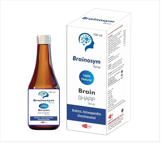 SYMCOX Brainosym Syrup Ayurvedic Brain Tonic 100ml | Enriched with Shankhpushpi, Brahmi, Ashwagandha, Shatavari & many more herbs (Pack of 2)